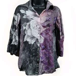 David Cline Dark Floral Snap Button Blouse Sz M Collared 3/4 Slv SemiSheer Artsy